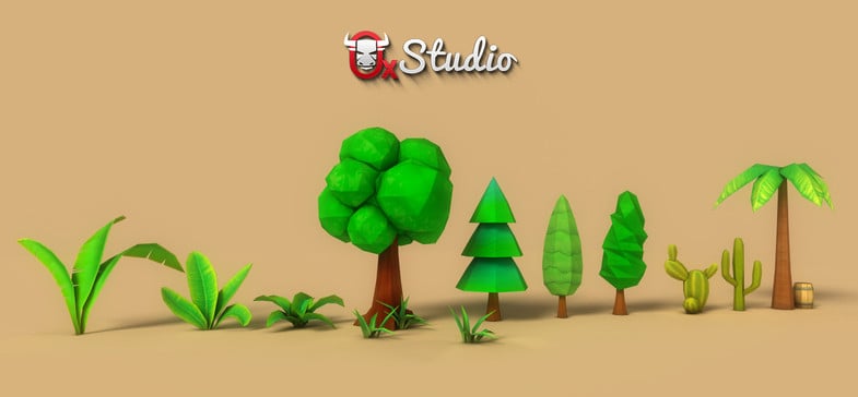 Low-Poly Trees and Vegetation with Hand-Drawn Textures